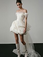 voordelige Kleine Witte Jurken-Bruidsjurken Bubbeltrojken Mini Baljurk Off Shoulder Mouwloos Asymmetrisch Tulle Bruidsjurken Met Plooien Effen Kleur