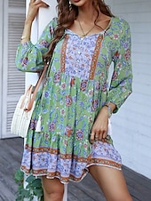 billiga Bohemklänningar-Dam Mini klänning Vardagsklänning Sommarklänning Boho-klänning Mode Utomhus Semester Dagligen Normal Blommig 3/4 ärm V-hals Gul Rodnande Rosa Blå Grön Sommar