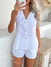 cheap Sets-Women&#039;s Active Basic Linen-Inspired Sets Two Piece Sets Vest Sleeveless V Neck Solid Color Casual Daily Black White Pink Summer Regular Fit