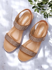 tanie Kobiety-damskie sandały na koturnie z kryształkami – brązowe, odkryte palce, elastyczne paski, wygodne buty na lato, okazje codzienne i eleganckie