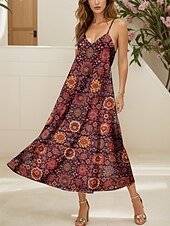 tanie Sukienki boho-Damskie Sukienka maxi Sukienka letnia Sukienka A line Sukienka na ramiączkach Codzienny Plaża Regularny Graficzny Zabytkowe Artystyczny Bez rękawów W serek Cienkie ramiączka Wino Lato Wiosna