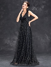 economico VERDE-Abito da sera a linea A abito scintillante formale per matrimonio lunghezza fino a terra senza maniche scollo a V tulle con glitter