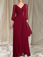 economico Lunghezza del pavimento-Linea ad A Abito da cerimonia per signora Ospite di nozze Elegante Scollo a V Lunghezza al pavimento Chiffon Manica 3/4 con Perline Arricciatura 2025