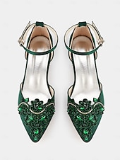 abordables Officiel-ballerines à bout pointu ornées de pierres précieuses vertes – chaussures de mariage et de soirée pour femmes de style vintage