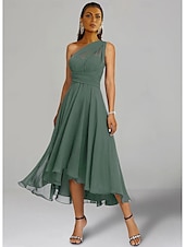 abordables Robes pour invitées de mariage-Robes de Mariage Invité A-Line Robe Élégante Formelle Fête de Mariage Longueur Thé Sans Manches Une Épaule Invité de Mariage Automne Chiffon avec Fronces 2025