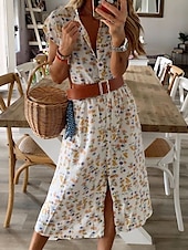abordables Robes fleuries décontractées-Femme Robe mi-longue Robe chemise Robe imprimée Classique Vacances du quotidien Standard Fleur Sans Manches Col V Jaune Eté