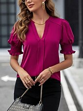 billige Tanks og camisole til kvinner-Kvinnes Camisole Tank Top Enfarget Stilfull Casual Kort erme Notch hals Vanlige topper Daglig Ruffle Svart Hvit Lilla Fuchsia Grønn Sommer Vår
