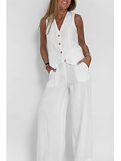 cheap Sets-Women&#039;s Active Basic Linen-Inspired Sets Two Piece Sets Blouse Sleeveless V Neck Solid Color Dubbele Rij Knopen Vacation Casual Daily Black White Wine Summer Regular Fit