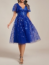 cheap Cocktail Dresses-A-Line Cocktail Dresses Elegant Dress Homecoming Party Wear Tea Length Short Sleeve V Neck Sequined with Sequin Dresses