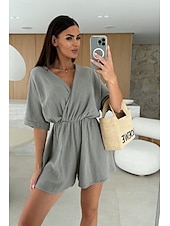 billige uformelle jumpsuits-Dame Sparkedrakter Fritid Helfarge Halvlange ermer T-skjorte V-hals Elastisk midje Høy Midje Daglig Normal Svart Hvit Rosa Sommer
