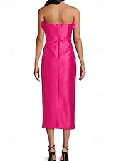 preiswerte Cocktailkleider-Säulen Cocktailkleider Elegantes Kleid Formelles Hochzeitskleid Tee Länge Ärmellos Off-Shoulder Rosa Kleid Satin mit Blume