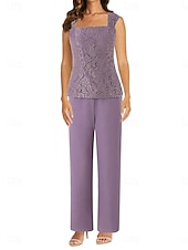 preiswerte Unter 129,99 $-Hosenanzug Brautmutterkleid Hochzeitsgast Elegant Einfach Juwelenhals Bodenlang Polyester Langarm mit Einfarbig 2025