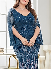 baratos AZUL-Vestido Plus Size Mãe da Noiva Vestido de Curvas Elegante Festa Decote em V Comprimento do Chão Spandex Manga Longa com Lantejoula 2025