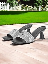 baratos Sandálias de salto-sandálias femininas de salto baixo com strass – mules brilhantes de bico quadrado com salto bloco para festas, eventos noturnos e ocasiões especiais