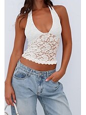 levne Krajkové topy-Dámské Tričko Halenka Bez vzoru Módní Na běžné nošení Bez rukávů Do V Crop Tops Víkend Krajka Slátanina Černá Bílá Fialová Léto