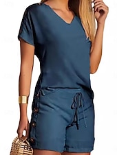 preiswerte Blusenanzüge für Damen-Zwei Teile Damen Mode Straßenbekleidung tägliche Shorts Sets Kurzarm V-Ausschnitt Geometrisch Einfarbig Drawstring Druck Freizeit Täglich Gelb Blau Orange Sommer Reguläre Passform
