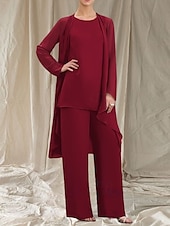 baratos Comprimento do chão-Macacão  Conjunto de Calça 3 Peças Mãe da Noiva Vestido de Convidada de Casamento Elegante Gola Redonda Comprimento Total Chiffon Manga Longa com Babados