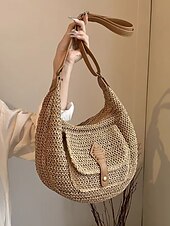 olcso Keresztpántos táskák-női nagy kapacitású, kézzel készített szalmából készült nyeregtáska válltáska - bohém crossbody táska elülső zsebbel, nyári strandtáska, alkalmi utazótáska nyaraláshoz, vásárláshoz és mindennapi használatra