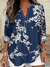 abordables Tops Florales-Mujer Camisa Floral Graphic Vintage Tropical Hawaiano Manga Larga Escote en Pico Tops regulares Diario Festivos Ropa de playa Estampado Rosa Azul Marino Azul Piscina Verde Trébol Caqui Verano