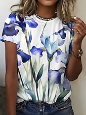 cheap Floral tee-Women&#039;s T Shirt Floral Casual Short Sleeve Round Neck Regular Tops Daily Going out Weekend Print Light Blue Summer