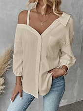 preiswerte Damen Einfache Oberteile-Damen Hemd Einfarbig Stilvoll Lässig Langarm Hemdkragen Normale Oberteile Täglich Knöpfe Tasche Schwarz Weiß Grün Aprikose Sommer