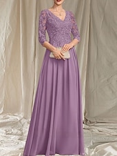 economico Lunghezza del pavimento-Linea ad A Abito da cerimonia per signora Ospite di nozze Elegante Scollo a V Lunghezza al pavimento Chiffon Manica 3/4 con Perline Applicazioni 2025