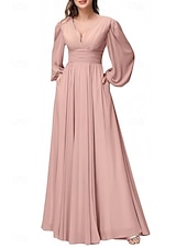 economico Abiti da damigella-abito da damigella a trapezio scollo a V manica lunga elegante lunghezza pavimento in chiffon con pieghe / spacco frontale / arricciatura 2025