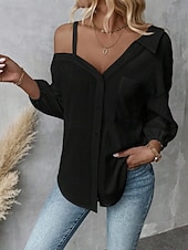 preiswerte Damen Einfache Oberteile-Damen Hemd Einfarbig Stilvoll Lässig Langarm Hemdkragen Normale Oberteile Täglich Knöpfe Tasche Schwarz Weiß Grün Aprikose Sommer