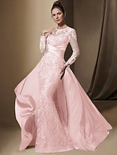 economico BLU-Abito da festa sirena Madre della Sposa Abito Ospite di matrimonio Elegante Collo gioiello Treno a strascico  spazzola Stretch raso Manica lunga con pizzo paillettes arricciato per impressionare 2025