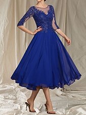 abordables Longueur du thé-Robe de mère de la mariée en A-Line pour invitée de mariage col rond élégant longueur thé chiffon tulle manches demi-longues avec perles appliqués robe midi