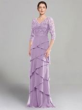 baratos Comprimento do chão-Vestido Sheath Mãe da Noiva Vestido Elegante Decote em V Comprimento do Chão Chiffon Stretch Mangas Médias com Renda Camadas em Cor Sólida