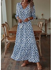 tanie Sukienki boho-Damskie Długa sukienka sukienka maxi Sukienka Boho Sukienka z nadrukiem Sukienki Peplum Romantyczna Nowoczesny Bufka Codzienny Święto Plaża Luźna Graficzny Kwiat Rękaw 1/2 W serek Rumiany r