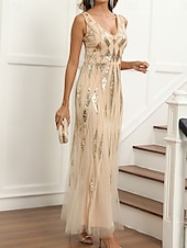 preiswerte Unter 129,99 $-Kleid Brautmutterkleid Elegant Party V Ausschnitt Knöchellänge Polyester Ärmellos mit Paillette 2025