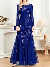 economico NERO-Abito madre della sposa abito elegante festa collo a giro lunghezza a terra cotone misto maniche lunghe con paillettes 2025