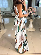 abordables Robes fleuries décontractées-Femmes Robe Longue Maxi Robe Robe évasée Robe à col licou Robe Imprimée Élégant Sortir Robe d&#039;Été Coupe régulière Fleuri Géométrique Sans manches Col Halter Blanche Orange Vert Beige Été