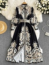 abordables Robes Bohémiennes-Femmes Robe Midi Robe bohème Mode Fête Sortir Week-end Coupe régulière Fleur manche longue Col de chemise Noir Bleu Abricot Été