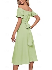 abordables Robes de vacances-Femmes Robe Midi Robe en coton et lin Mode Basique Moderne Quotidien Fête Sortir Coupe régulière Uni Manche Courte Épaules Dénudées Vert Claire Bleu Roi Violet Marron Été