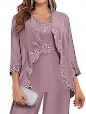 preiswerte Hosenanzüge für Mama-Hosenanzug Brautmutterkleid Hochzeitsgast Elegant Einfach Rundausschnitt Bodenlang Polyester Langarm mit Einfarbig 2025