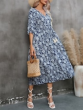 economico Abito Floreale-Abito Midi Donne Abito A Line Abito Fit And Flare Bohemia Vacanza Maniche A Lanterne Casual Quotidiano Fit Regolare Grafica Mezza Manica Collo a V Blu Navy Estate Primavera