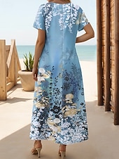 preiswerte Blumenkleider-Damen Maxi Kleid A-Linien Kleid T-Shirt Kleid Tee Kleid Sundress Sommerkleid Elegant Urlaub Tropisches Urlaub Strand Regulär Fit Floral Grafik Kurzarm Rundhals Blau Sommer