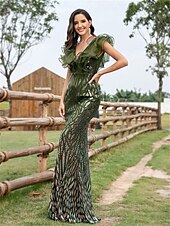 abordables Robes de Soirée-Robe de Quinceanera Sirène  Trompette Élégante Robe Mariage Mariée Invitée Longueur de Sol Sans Manches Col en V Spandex avec Sequins