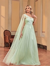 tanie Suknie wieczorowe-Sukienki A-line na quinceanera elegancka sukienka weselna dla gości długości do ziemi bez rękawów jedno ramię szyfonowa z aplikacjami