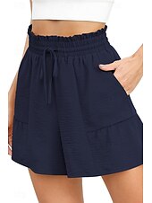 お買い得  プレーンコットンリネンパンツ-女性用 コットンリネンショートパンツ リネン風パンツ コットンリネンパンツ ストリートファッション カジュアル ショート ナチュラルウエスト 平織り ポケット 弾性巾着デザイン 通気性 快適 マイクロエラスティック カジュアル ストリートウェア 赤紫色 ワイン 海軍 アプリコット 夏 レギュラー