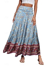 billiga Grafiska kjolar-Dam Kjol Gunga Ledigt Boho Maxi Mellanhög midja Kjolar Blommig Mönster Microelastisk Semester Gata Äppelgrå Violett Svart Mandel Sommar Polyester