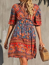 billige Boho-kjole-Dame Mini kjole Kjole med A-linje Ferie Fritid utendørs Ut på byen Normal Grafisk 3/4 ermer V-hals Rød Oransje Aprikos Sommer