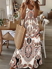 ieftine Rochii boho-Rochie Maxi Femei Rochie A Linie Rochie Slip Vacanță Casual Zilnic Ajustare Regulată Grafic Tribal Fără Mâneci Guler în Formă de V Alb Vară Primă