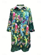 billiga Hawaiianska klänning-Dam Mini klänning Solklänning Semester Strandstil Semester Dagligen Strand Lös passning Grafisk Tropisk Långärmad Tröjkrage Grön Vår Höst