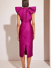 tanie Sukienki koktajlowe-Sukienki koktajlowe typu sheath/kolumna elegancka formalna sukienka ślubna tea długości midi krótki rękaw dekolt w kształcie litery V różowa sukienka satynowa z fałdami