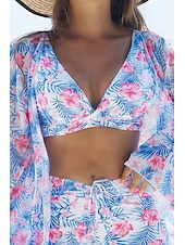 abordables Maillots de bain trois pièces-Femmes Maillots de Bain Trois Pièces Shorts Maillot de bain Tropical Tenues de plage Fleur Fil en V manche longue Maillots de bain