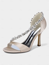 abordables Sandales de Robe-Escarpins à talons hauts en satin champagne pour femmes avec bride en T en cristal – élégants talons aiguilles à bout ouvert pour cocktails et événements formels